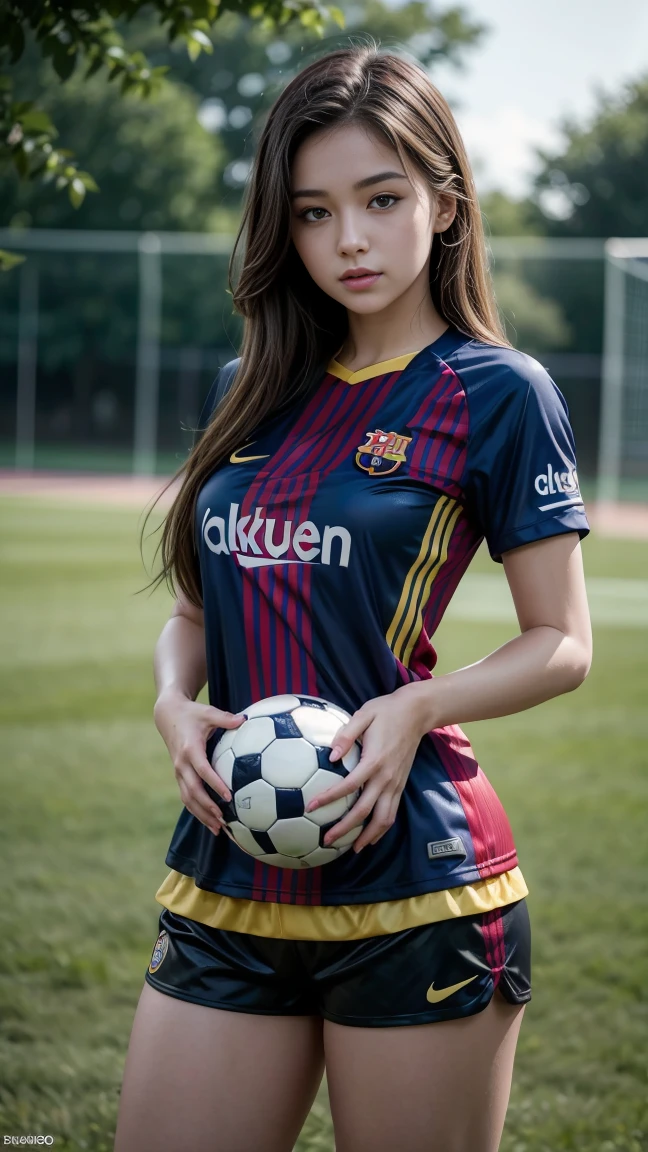 A beautiful girl wearing Fc Barcelona jersey and shorts with soccer ball in hand,cutecore, beautiful eyes, thick thighs, gorgeous body,sexy, ,4k, ultra detailed, realistic image