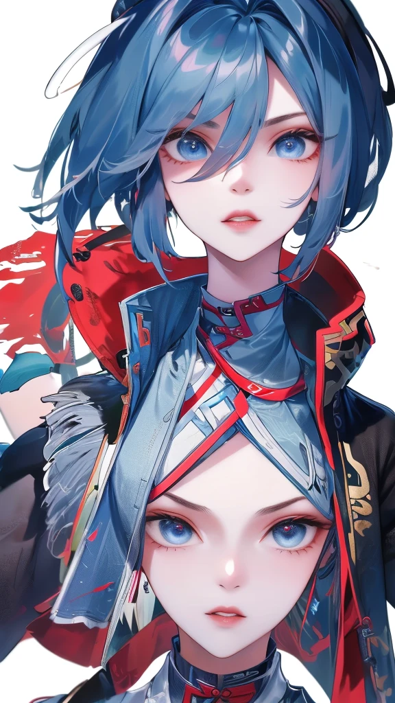 Masterpiece, Best quality, 1 Ji Ruxue, the expression is cold, strong, blue eyes, short hair, wolfcut hairstyle, smoky mix blue color hair, resolute eyes, red lips, simple Taoist Taoist uniform, Chinese mix morden, frontal photo, black or white background, simple background, anime, illustration, Chinese style short-sleeved shirt, cool girl, Fullbody front portrait, full HD
