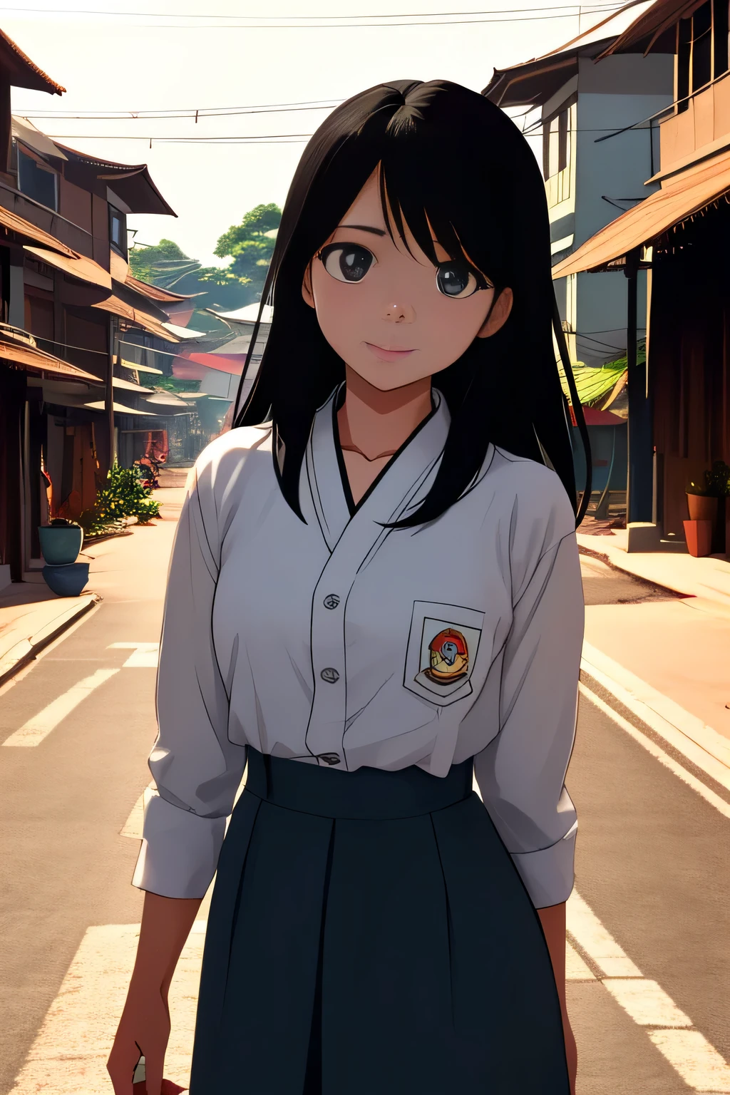 (masterpiece), best quality, young black haired girl wearing indonesian high , detailed city street background, cute facekatsura masakazu, studio lighting, cel shaded, crisp and sharp, rounded eyes, bright daylight