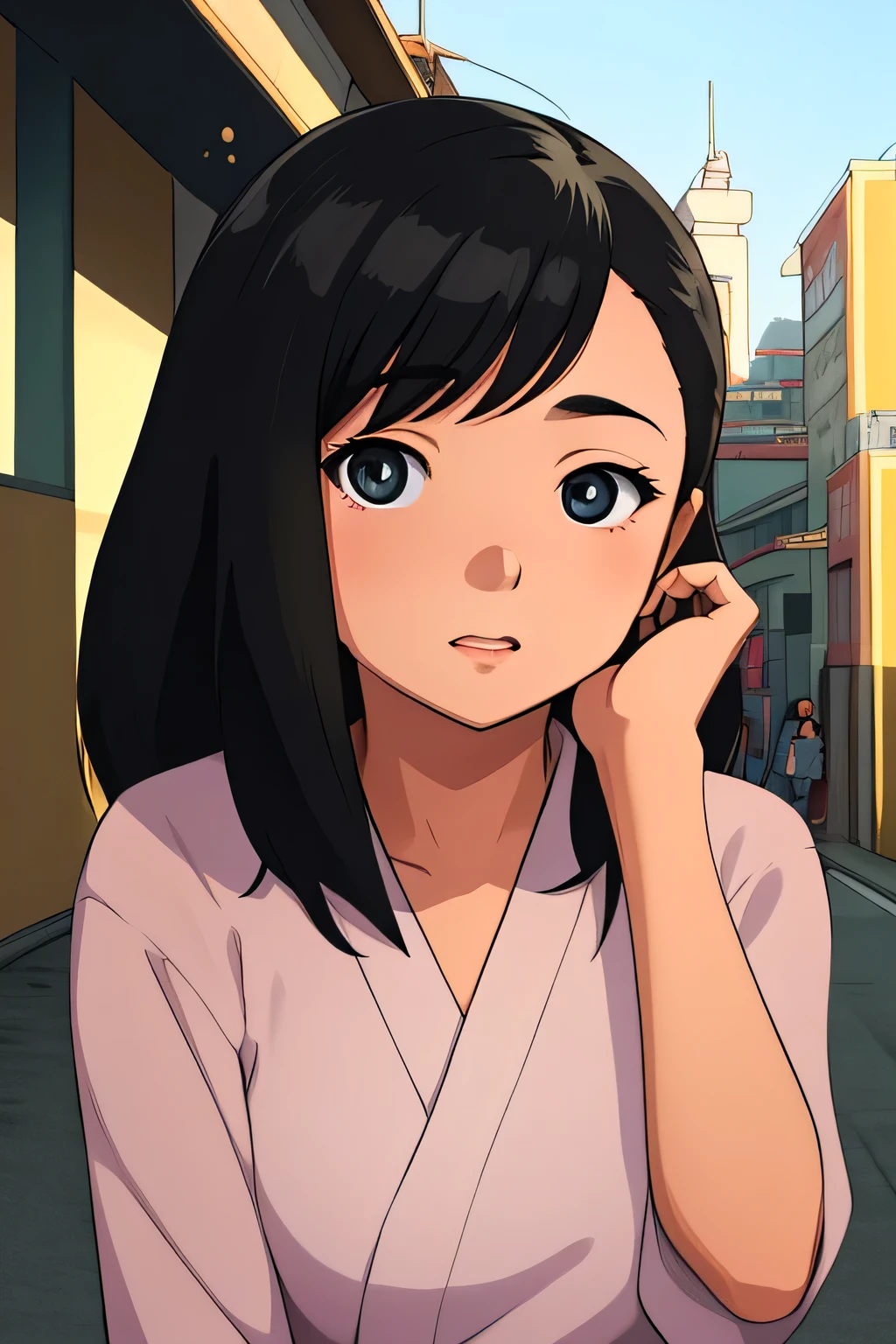 (masterpiece), best quality, young black haired girl wearing indonesian high , detailed city street background, cute facekatsura masakazu, studio lighting, cel shaded, crisp and sharp, rounded eyes, bright daylight