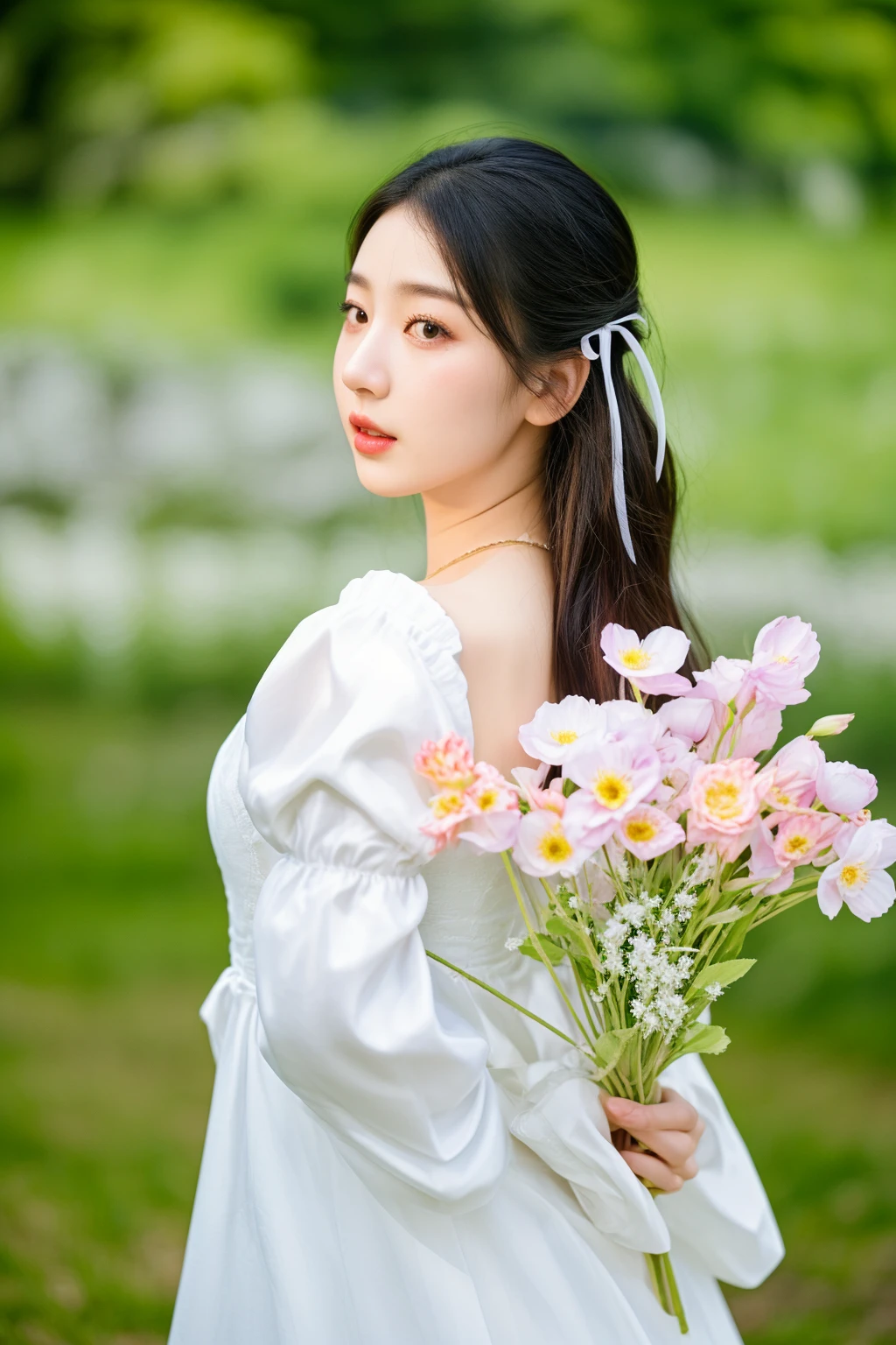 there is a woman in a white dress holding a bunch of flowers, with flowers, beautiful young korean woman, lovely woman, a young asian woman, holding flowers, a cute young woman, young asian woman, carrying flowers, sha xi, bae suzy, photo taken with canon 5d, beautiful south korean woman, young asian girl, 中 元 节