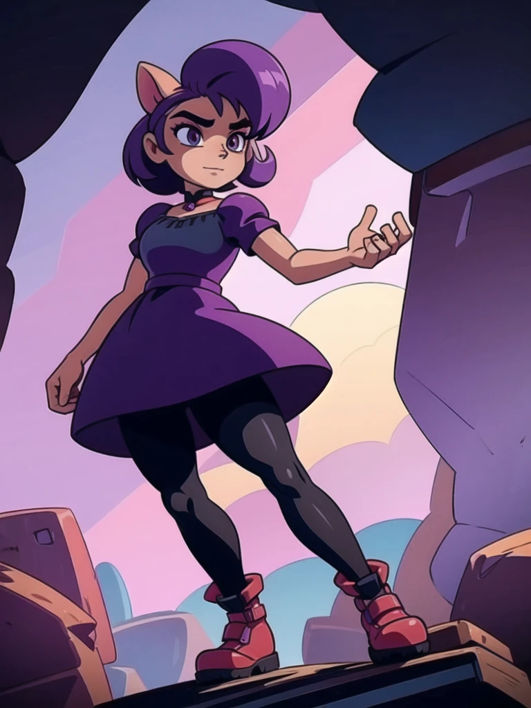A dark anthro bandicoot girl with beautiful detailed eyes, purple hair, wearing a dark dress, dark glovers, dark skirt, dark tights, and combat boots, beautiful furry girl dark dress, dark glovers, dark skirt, dark tights, and combat boots,