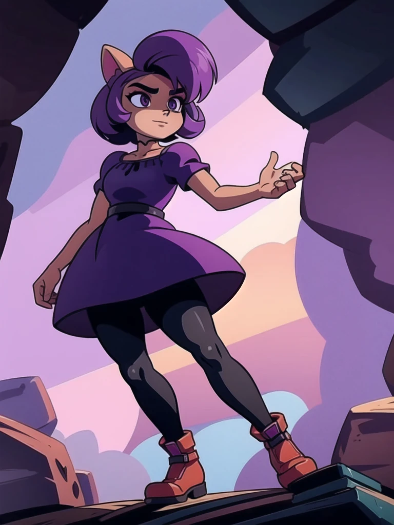 A dark anthro bandicoot girl with beautiful detailed eyes, purple hair, wearing a dark dress, dark glovers, dark skirt, dark tights, and combat boots,  beautiful furry girl  dark dress, dark glovers,  dark skirt, dark tights, and combat boots,