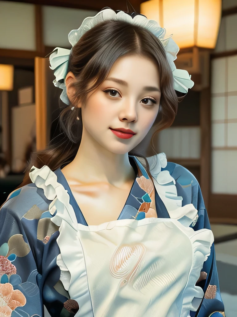 Beautiful young woman、A waitress at a cafe in the early Showa period、Elaborately drawn(Traditional Japanese Kimono:1.5)、(Large frilly white apron:1.5)、Traditional Japan hairstyles、white ruffle headband、(highest quality、4k、8k、High resolution、masterpiece:1.2)、Super detailed、(Real、Photorealistic、Photorealistic:1.37)、Portrait、Bright colors、Soft lighting