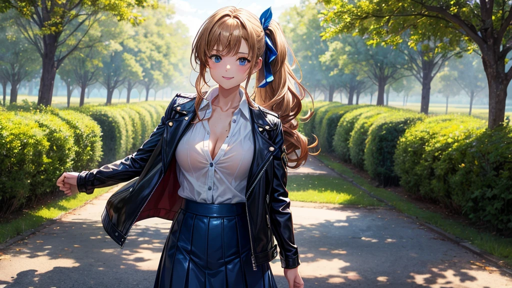 1girl, solo, full body, summer, village, trees, sun, clouds, fantasy, ((chestnut hair)), curly hair, ponytail, big full breasts, ((opened blue leather jacket)), button down shirt, ((white shirt)), ((short sleeved shirt)), ((unbuttoned shirt)), unbuttoning buttons, cleavage 1:3, blue eyes, skirt, smile, looking at the viewer, standing, hair ribbon, golden necklate