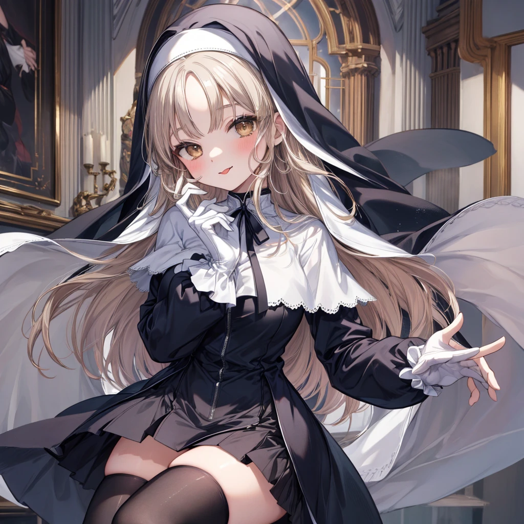 ((Highest quality)), ((masterpiece)), (detailed), (nsfw), a painting that is a woman dressed in clothes a nun or something, 1girl, 独奏, long hair, nun, dress, thighhighs, gloves, White Capelet, white gloves, tongue out, brown eyes, looking at viewer, tongue, black thighhighs, blush, black dress, long sleeves, capelet, bangs, How