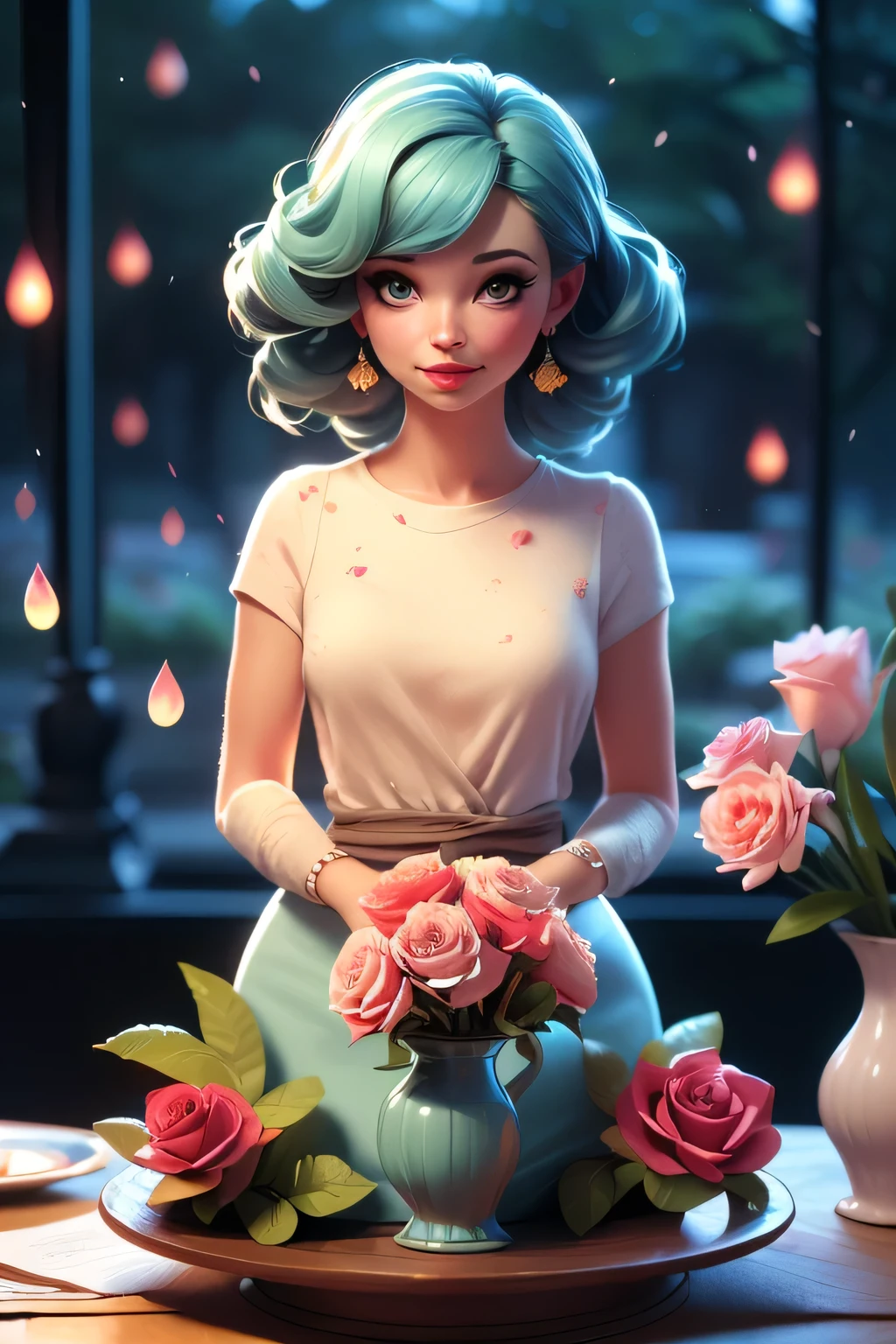 (best quality, 4k, 8k, highres, masterpiece:1.2), ultra-detailed, (realistic, photorealistic, photo-realistic:1.37), The most beautiful futuristic long shape vase on a table with roses in it, in the style of whimsical ceramics, cottagepunk, background blur -- Style Fantasy colourful, soft lighting, lively atmosphere