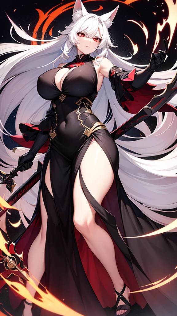 An adult woman half fox and wolf, big breasts, red eyes, white hair, very angry, in a black dress, on her back, standing, holding a sword