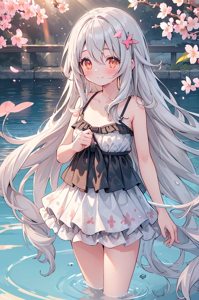 (Highest quality:1.05), One girl, Outdoor, cherry blossoms, Light of the sun, lake, Speckled sunlight, Particles of light, light, blush, smile, Very long hair, Gray Hair, Orange eyes, Swimwear, swimming, Shimizu, Water Ripples, Mid-chest, Dynamic Lighting, Exquisite detail,