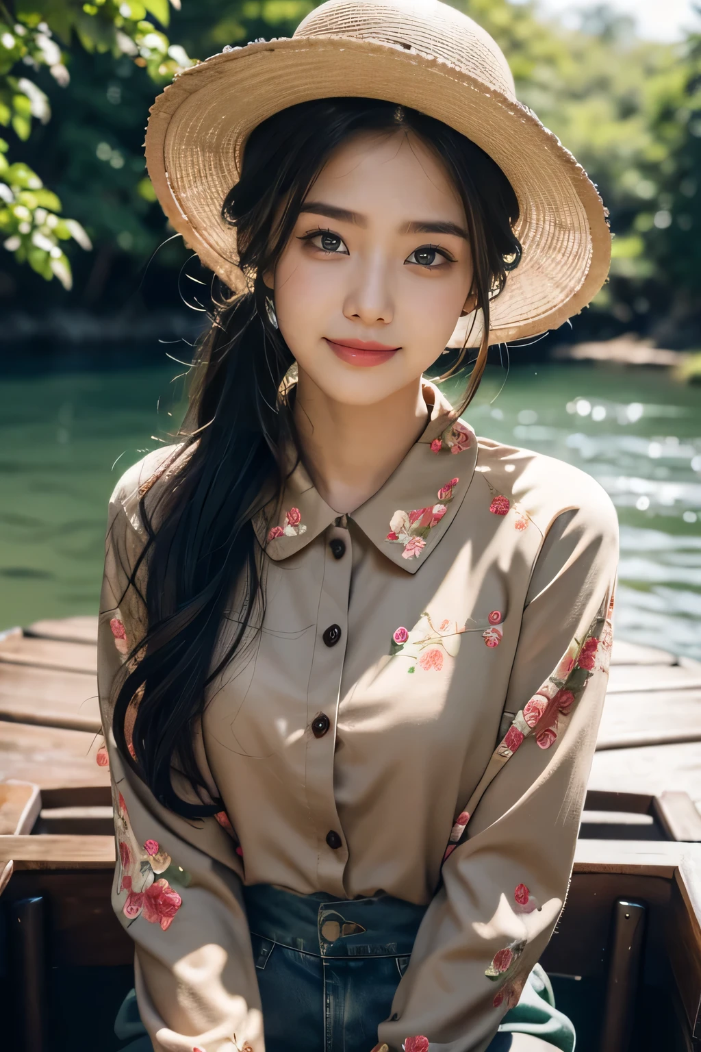 (Really meticulous CG),(((8K))),wallpaper,((Incredibly stylish and beautiful)),(((masterpiece))),(((best quality))),(((ultra high resolution))),A beautiful light came on,Realistic Shading,(Smooth, flawless skin:1.5),Very exquisite facial details,(very detailed:1.5),((Beautiful girl,alone)),vietnamese hat,hat, (short ponytail:1.2),(small head:1.2),(slim 얼굴:1.2),(exquisite makeup:1.3),(happy:1.2),(laugh:1.2),(perfect body:1.1),(sun tan skin:1.5),(dark bronze skin skin:1.5),(blush:1.3),(red floral collar shirt:1.5),(long sleeves:1.2),((slim,thin)),(slim 다리:1.2),(dark green pants:1.3),(from the front:1.3),(seat:1.3),(on a small fishing boat :1.3),(River:1.5),(outdoor:1.2),(early spring:1.3),(Daytime Scene:1.5),(bright afternoon sunlight:1.3),(upper body:1.3)