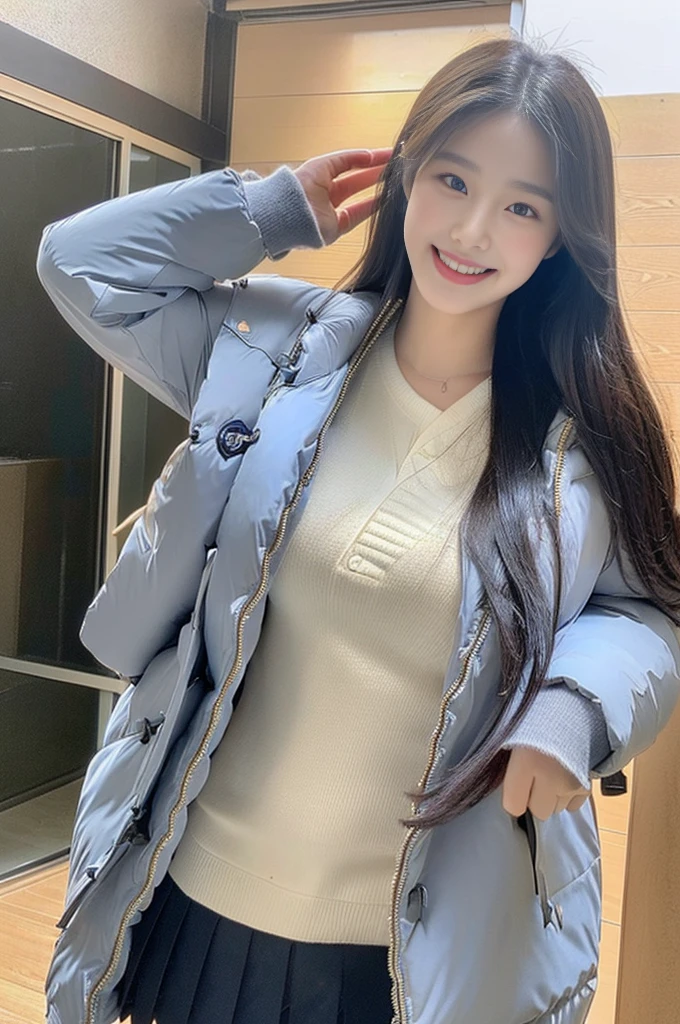 (A photo of a super cute Korean schoolgirl wearing a down jacket:1.2)(Embarrassed look,I grin in embarrassment.:1.1)(Beautiful Sweat:1.1)(16K, RAW Photos, Highest quality, masterpiece: 1.2),(Shiny and beautiful black long hair) Super detailed, Super Resolution, (Genuine, Genuine photos: 1.37), Portraiture, High-resolution RAW color photos, Professional photos, Very detailed, 8k wallpaper, Very detailed CG Unity 8k wallpaper, Very detailed beautiful girls, Very detailed faces, ((whole body)), beautiful woman, Huge breasts,(huge boobs:1.1) (Big Boobs:1.1), beautiful (Wear a down jacket),high school girl, Korean Girls,(K-POP Female Idols), (Idol-class beauty)(Beautiful high school girl:1.1)(Early morning school)(16 years old)Date,NSFW