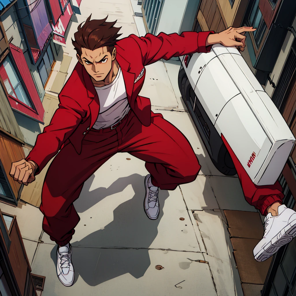 Create a comic slender brown male character with almost straight and pointy hair with brown eyes wearing a red outfit and black pants and a white jacket with white shoes