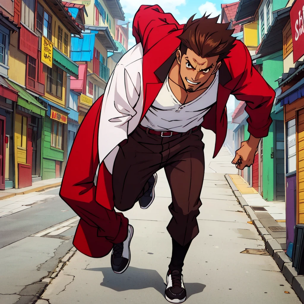Create a comic slender brown male character with almost straight and pointy hair with brown eyes wearing a red outfit and black pants and a white jacket with white shoes 