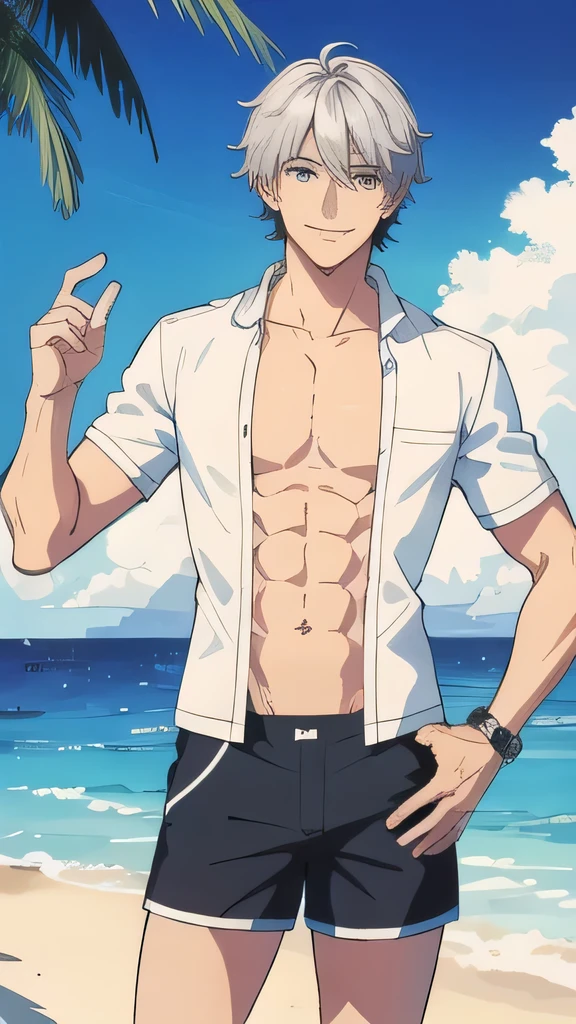 (Highest quality, masterpiece,Swimwear for Men), 1 male, 40 years old, wonderful, a handsome guy, A kind smile, Silver Hair,Ocean,Swimwear,Shorts,