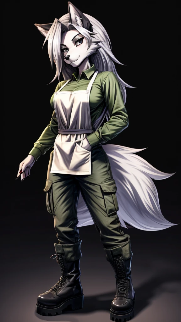 Loona from Helluva Boss, female wolf, mature adult, anthro, white hair, grey eyes, tall, green long sleeve shirt, army cargo pants, boots, vinyl apron, standing, dark lighting, detailed, solo, beautiful, high quality, manhwa style, clear background, 4K