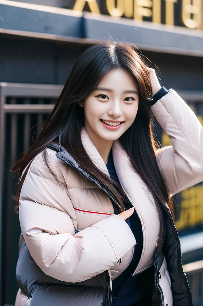 (A photo of a super cute Korean schoolgirl wearing a down jacket:1.2)(Embarrassed look,I grin in embarrassment.:1.1)(Beautiful Sweat:1.1)(16K, RAW Photos, Highest quality, masterpiece: 1.2),(Shiny and beautiful black long hair) Super detailed, Super Resolution, (Genuine, Genuine photos: 1.37), Portraiture, High-resolution RAW color photos, Professional photos, Very detailed, 8k wallpaper, Very detailed CG Unity 8k wallpaper, Very detailed beautiful girls, Very detailed faces, ((whole body)), beautiful woman, Huge breasts,(huge boobs:1.1) (Big Boobs:1.1), beautiful  (Wear a down jacket),high school girl, Korean Girls,(K-POP Female Idols), (Idol-class beauty)(Beautiful high school girl:1.1)(Early morning school)(16 years old)Date,NSFW
