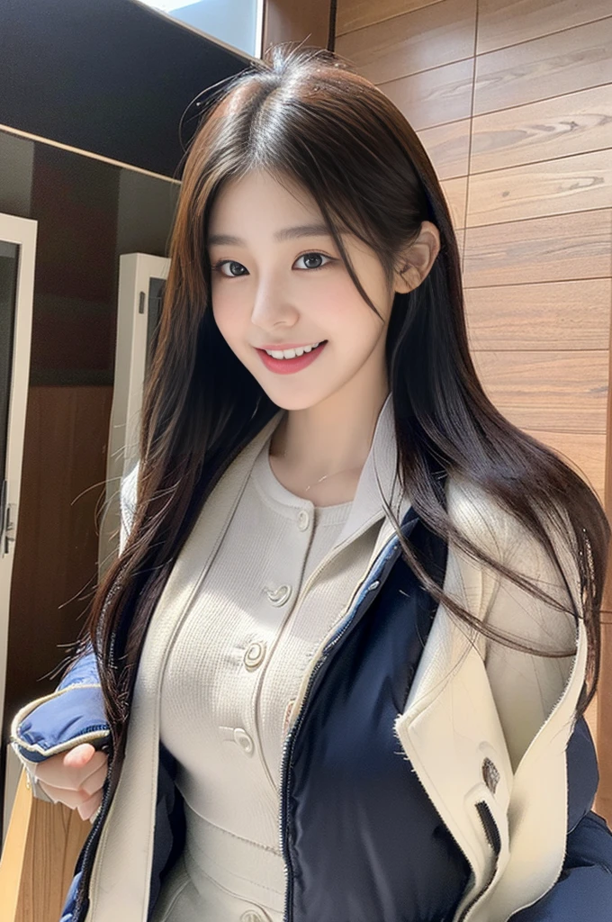 (A photo of a super cute Korean schoolgirl wearing a down jacket:1.2)(Embarrassed look,I grin in embarrassment.:1.1)(Beautiful Sweat:1.1)(16K, RAW Photos, Highest quality, masterpiece: 1.2),(Shiny and beautiful black long hair) Super detailed, Super Resolution, (Genuine, Genuine photos: 1.37), Portraiture, High-resolution RAW color photos, Professional photos, Very detailed, 8k wallpaper, Very detailed CG Unity 8k wallpaper, Very detailed beautiful girls, Very detailed faces, ((whole body)), beautiful woman, Huge breasts,(huge boobs:1.1) (Big Boobs:1.1), beautiful  (Wear a down jacket),high school girl, Korean Girls,(K-POP Female Idols), (Idol-class beauty)(Beautiful high school girl:1.1)(Early morning school)(16 years old)Date,NSFW