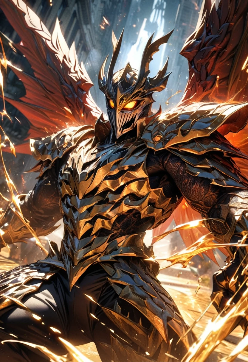 absurdres, highres, ultra detailed, HDR, masterpiece, extremely detailed face and eyes,Indonesian knight,Epic wings,red and white venom armor knight , Garuda knight mask, , dope pattern , solo, man, handsome , Epic fight scene, golden splashing effect, venom effect,glowing glitters