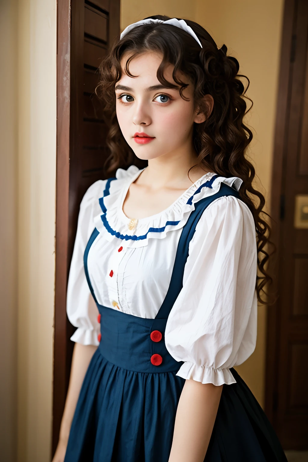 1 Girl, Lolita ancient costume style,Curly hair,Left eye red,Right eye blue eye,
2 scenes,3 scenarios in a room without air conditioning,It's hot in bed