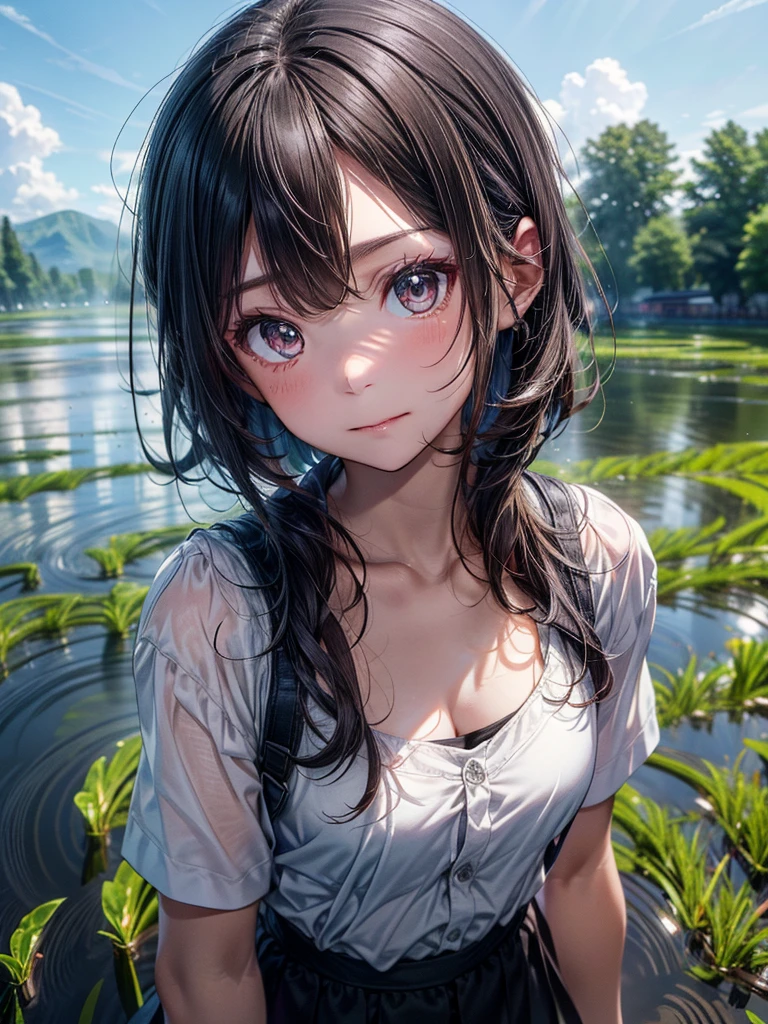 ((Best of the highest quality, 8k, Masterpiece, raw photo: 1.2)), (Sharp focus: 1.2), (1 AESPA, slim body type female, 22 y/o: 1.1), solo, (realistic, photo-realistic:1.37), face focus, cute face, finely eyes, (forehead: 1.16), (sharp chin, droopy eyes: 1.32), (Emphasize prominent aegyo-sal with bright: 1.2), shimmering eyeshadow applied under the lower lash line, paired with thick, (small breasts, flat chest: 1.3), (short bob hair: 1.28), business suit, ribbon: 1.1), walking in river, (rice field, paddy field: 1.1), flower, (from below: 1.16)