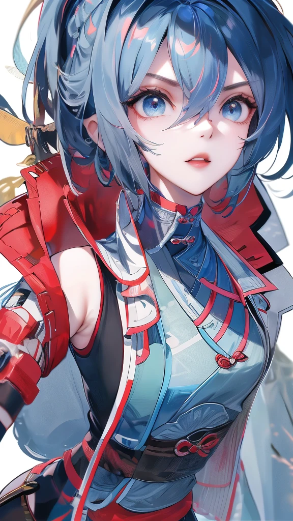 Masterpiece, Best quality, 1 Ji Ruxue, the expression is cold, strong, blue eyes, short hair, wolfcut hairstyle, smoky mix blue color hair, resolute eyes, red lips, simple Taoist Taoist uniform, Chinese mix morden, frontal photo, black or white background, simple background, anime, illustration, Chinese style short-sleeved shirt, cool girl, Fullbody front portrait, full HD