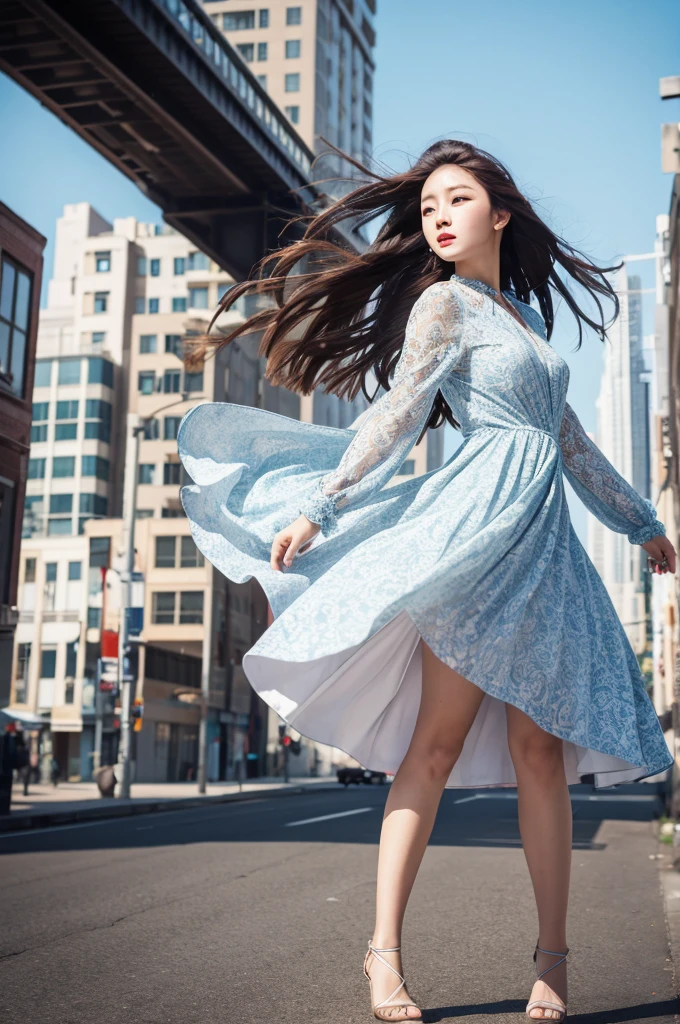 Beautifully detailed dress skirt,whole body,the wind is strong,city,Outdoor