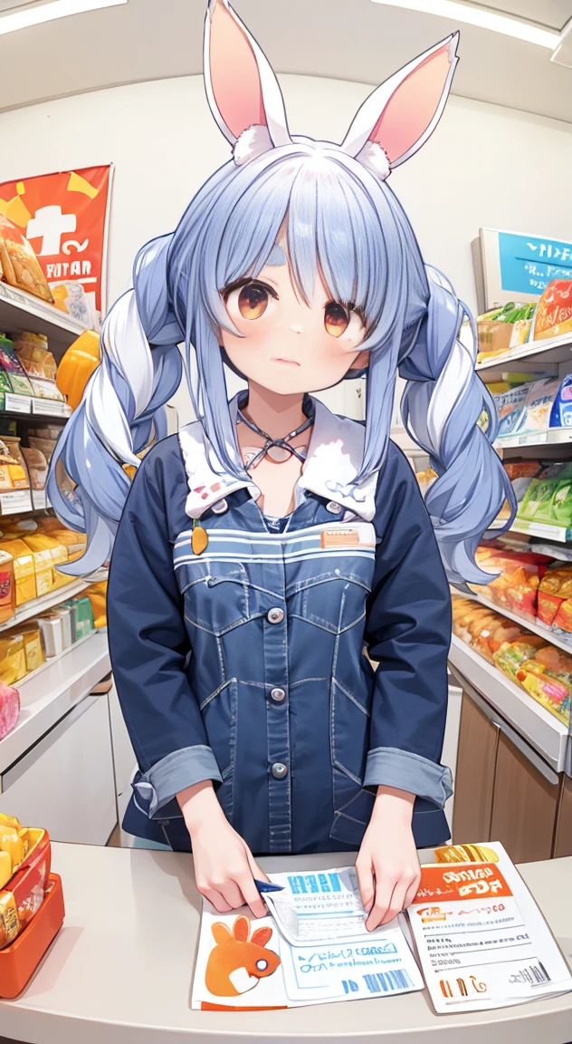 masterpiece,Highest quality,convenience store,shopping,Stand in front of the cash register,youtube,vtuber,Usada Pekora,looks fun,Bratty face,