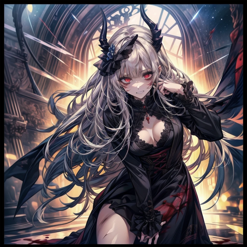 死んだ腐ったBloodに飢えた邪悪なzombie, Girl Venom, 黒い共bornborn物が付着している, Bloodまみれの, Evil look, Psychopathic, Torn clothes, Torn costume, sexy, reveal, Combat Stance, Very detailed, Vibrant appearance, Creative Action, Very detailed, Imaginative, Sensual, Voluntary, Small breasts, sexy, reveal, Highest quality, skinの質感, Intricate details, (Highest quality, masterpiece, 超High resolution), (8k wallpaper, High resolution, High resolution, born), (credibility: 1.4), (whole bodyショット), One girl, ((Anime Girls)),,(Bloodしぶき:1.6), ((Fantasy Witch Costume)), ((Flowing white hair)), ,(Bloodしぶき:1.6),Female curves, Large Breasts, Thick thighs, sexyな平らなお腹, 完璧なhand, 完璧なアニメのface, ((dark ta dress)), Are standing, ((Wicked Smile)), ,(Bloodしぶき:1.6),In the Victorian city, gaslight, Steam circulates, Moonlight Illumination, night間照明, A sky filled with stars and galaxies,disaster々new devil horns,,(Bloodしぶき:1.6),アニメzombie魔女デザイン, ねじれた笑face、Bloodまみれの、頭からの出Blood、Bloodしぶき、,(Bloodしぶき:1.6),Crossbones, skull, Streetwear Design, Provector, Horror Style, Full Design, Huge breasts, Very detailed, Realistic, Dark fantasy, Gloomy atmosphere, Intricate details, Crazy Smile, 狂ったeye, A cute and luxurious hair band,(masterpiece:1.2, Highest quality), Scary atmosphere、Distorted facial expressions、Horror Art、Bloodの雨、Bloodを流す、Bloodしぶき,(Bloodしぶき:1.6),悪魔のeye、redいeye、scar、火scar、whole body、Torn hair of a woman dressed in slave clothing、(Long Hair)、(eyeにかかる長さの前髪)、Black Hair、(((eyeの下のクマ)))、青白いskin、Feeling unwell、Pathological、邪悪な笑face、狂ったeye、(Grin)Dramatic makeup,Create mixed media art、,Horror 1 Girl, Open_mouth, , red_eye, Blood, Tilt_red_skin, Injury, Blood_in addition_face, Bandaged_arm, Blood_in addition_zombie, Blood_in addition_hand , Open your eyelids wide, The trend is all, mouthを大きくOpen, mouthを開けてteethをむき出しにする,獣のような鋭いteeth, Wide lips, 非常に広いmouth, Vermilion cheeks, blonde, ,(Bloodしぶき:1.6),Princess Cut, Ribbon hair ornament, brooch, Otaku Room, Well-built body, Nice body, Ample breasts, Thick body,eyeを大きく開いて、Scary atmosphere、Distorted facial expressions、ねじれた笑face、Bloodまみれの、頭からの出Blood、Bloodしぶき、whole body、,(Bloodしぶき:1.6),Long Hair、Long bangs、Well-built,Broad shoulders,I focus,(face),Messy Hair,いeye,(光るeye),red信号,笑face,big 笑face,teeth,psycho 笑face,gesugao,Dark city background,darkness,night,(close),良いeye, 良いteeth,サディスティックな笑face,,all,光沢のあるskin,詳細なface,Beautiful body, mouthからの白い息 Luxurious lace long gloves
