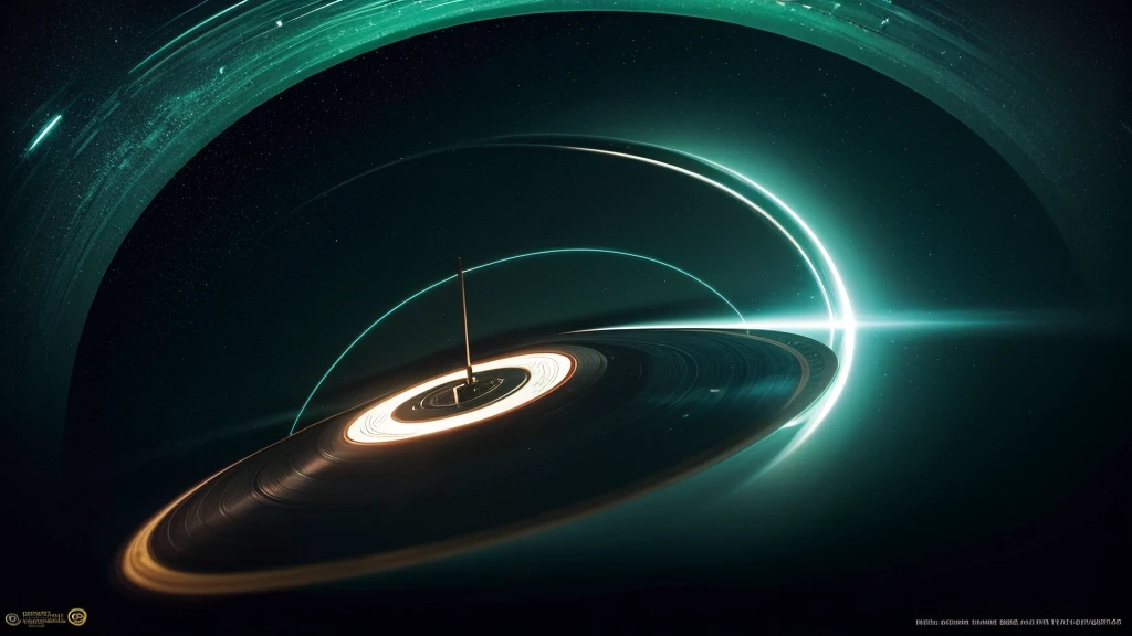 Poster Style,Dark green background,Vinyl record combined with clock,Half record, half clock,Reflecting the sense of time travel,Golden text effect for English title on the right,There is a halo of light around the record similar to a black hole,Extremely high definition picture quality,quality,Real texture,Sci-fi style,A little bit of starry sky elements