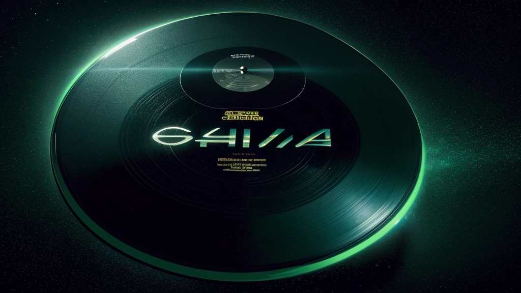 Poster Style,Dark green background,Vinyl record combined with clock,Half record, half clock,Reflecting the sense of time travel,Golden text effect for English title on the right,There is a halo of light around the record similar to a black hole,Extremely high definition picture quality,quality,Real texture,Sci-fi style,A little bit of starry sky elements