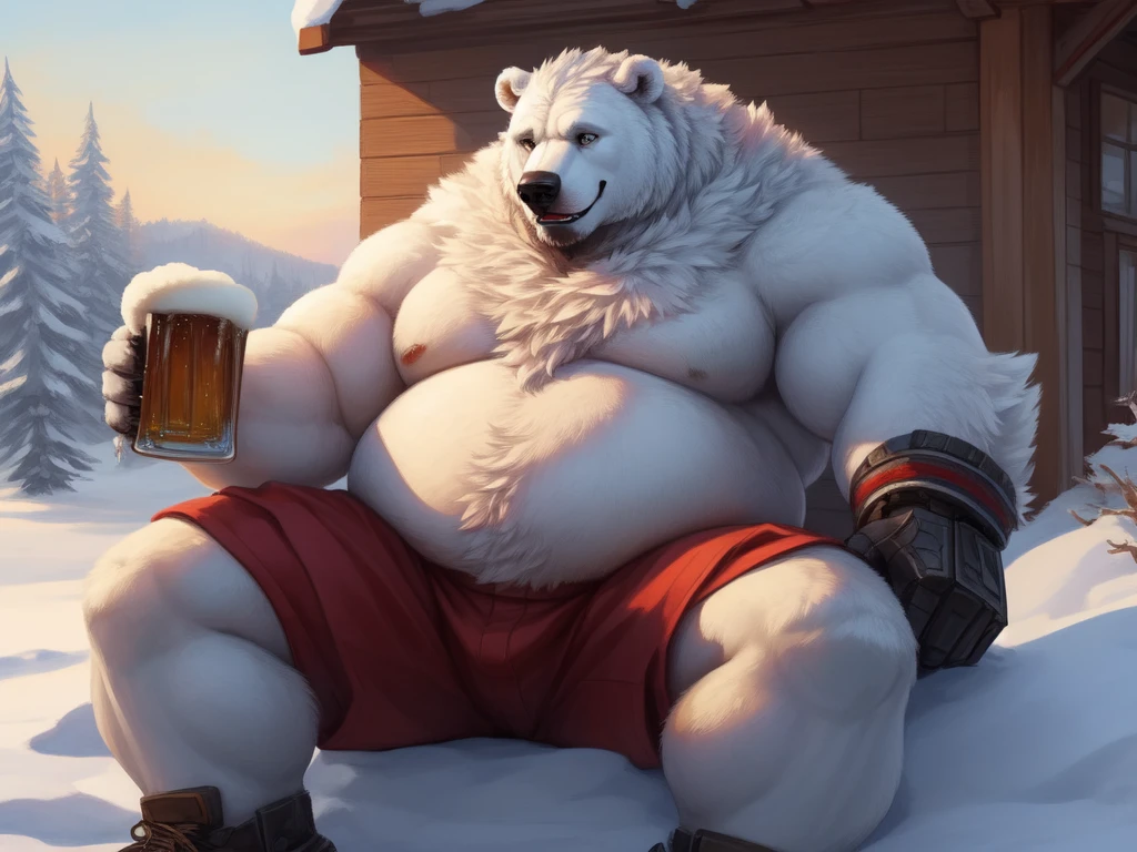 lucusold, lanxus, a man with a huge belly, furry white bear, polar bear, fat ripped:1.2, chubby, more chubby, smile, sitting in front house, Atlantic, snow, beer, holding beer, thicc, lowres, giant and fat, danbooru and artstation, heavy detailed, insanely inflated hips, topless, shorts, proportionally arms, fluffy chest, commission for high res, detailed but rough, semirealistic:1.3