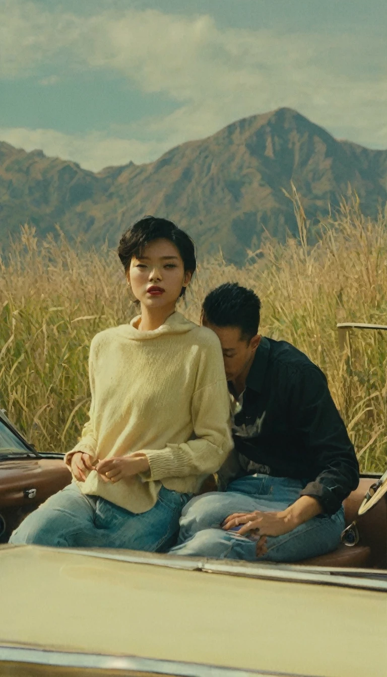 Real photo of two individuals sitting on the hood of a vintage car. The clothing should be casual, with one individual wearing a black top and jeans, and the other in a yellow sweater and light blue jeans. Both have medium-length hair styled in a relaxed manner. The location is outdoors during golden hour, with soft, warm lighting accentuating the scene. Tall grass surrounds the car, and mountains can be seen in the background under a clear sky. The pose is casual and friendly, with one individual facing slightly towards the camera while the other faces them as if engaged in conversation. Properties include the vintage car which should have a classic design indicative of mid-20th-century models. The camera angle is from a lower perspective looking up at the individuals to capture both their relaxed demeanor and the scenic background.
wong kar wai color palette
