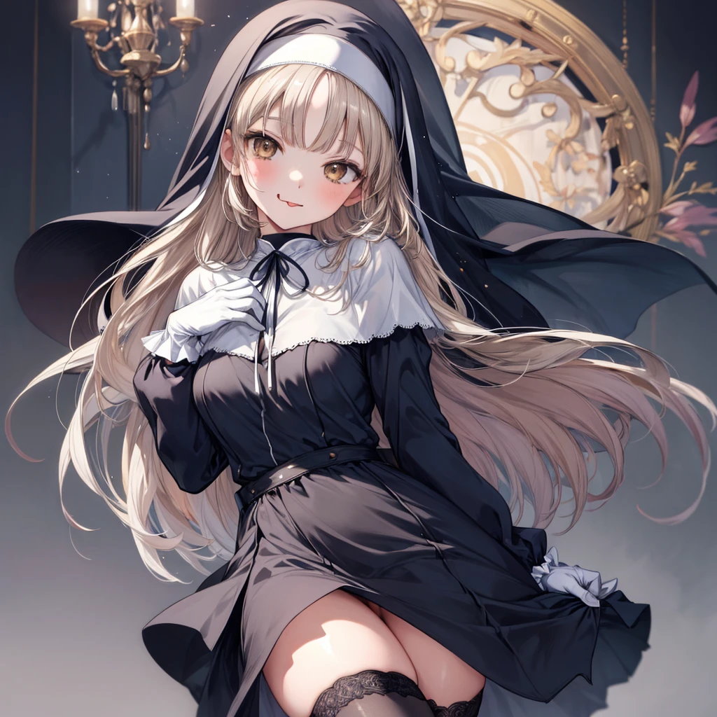 ((Highest quality)), ((masterpiece)), (detailed), (nsfw), a painting that is a woman dressed in clothes a nun or something, 1girl, 独奏, long hair, nun, dress, thighhighs, gloves, White Capelet, white gloves, tongue out, brown eyes, looking at viewer, tongue, black thighhighs, blush, black dress, long sleeves, capelet, bangs, cum on tongue