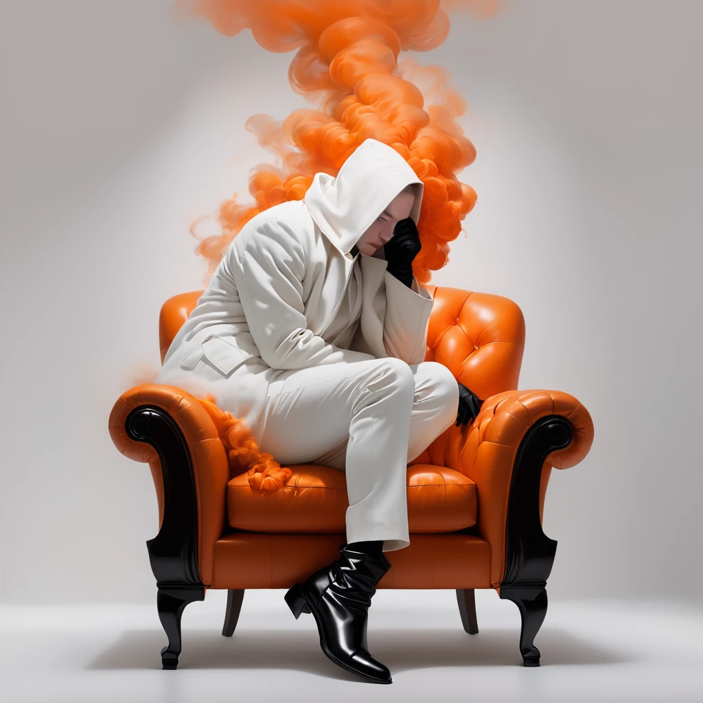 In a completely white room sits in a chair facing you, face down, a man wearing pants and a thick cotton long-sleeved coat with long sleeves and white gloves and shiny black boots. From its white head, orange smoke flow emanates 