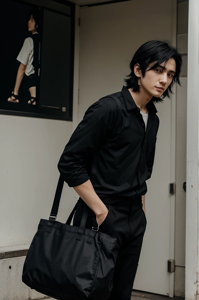 Anime guy with black hair, black pants, black clothes, black bag