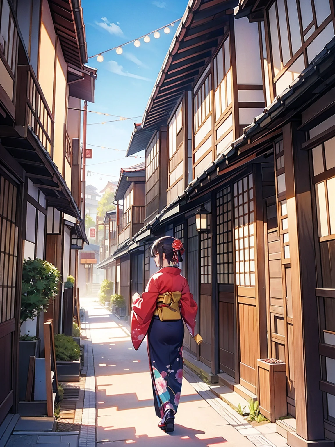 nape, Woman in kimono, Scenery of Kyoto townhouses, Wooden labyrinth