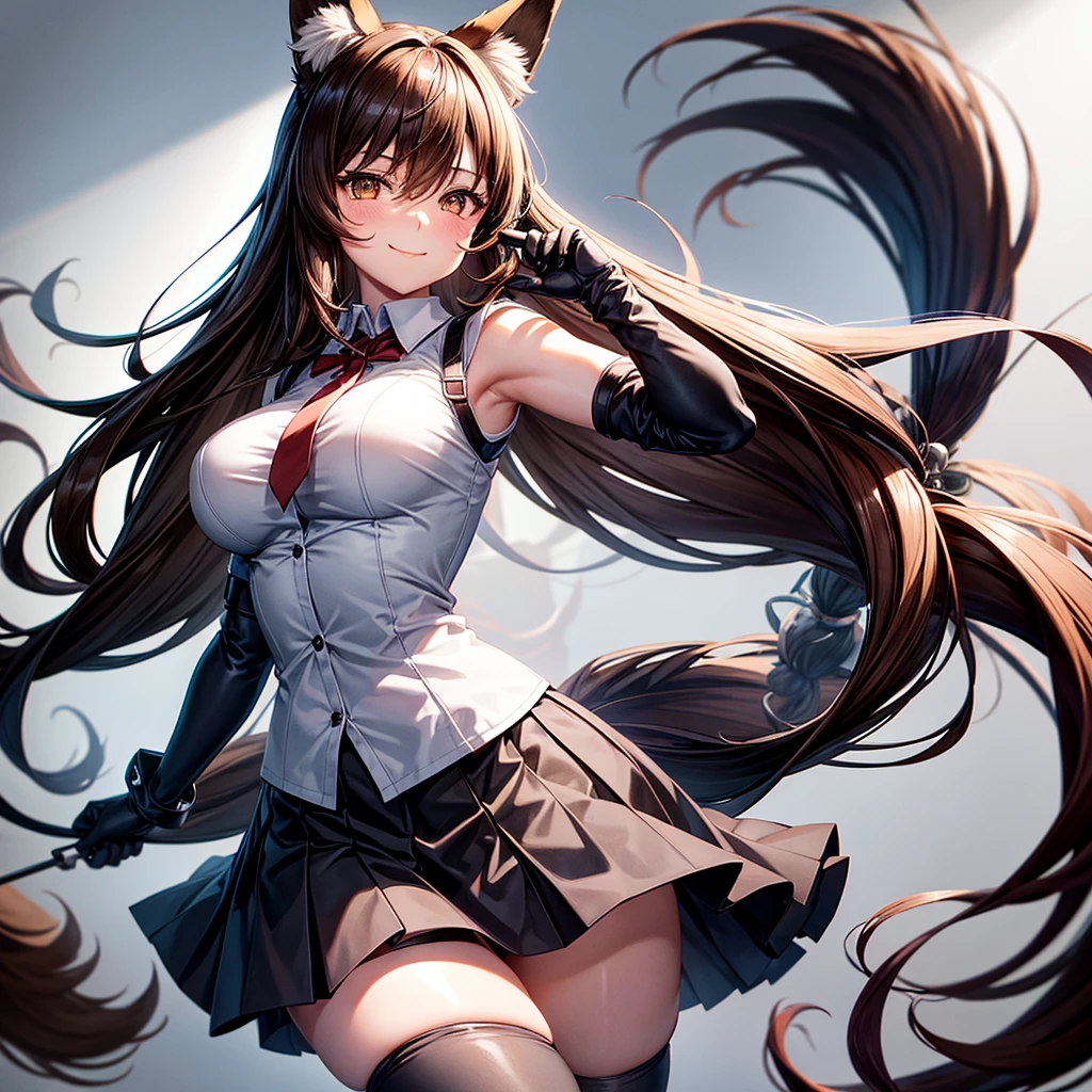 best quality, solo,Franka, 1girl, solo, long hair, breasts, looking at viewer, blush, smile, bangs, skirt, large breasts, simple background, brown hair, shirt, thighhighs, gloves, white background, animal ears, hair between eyes, brown eyes, very long hair, closed mouth, tail, short sleeves, black gloves, elbow gloves, collared shirt, black skirt, animal ear fluff, fox ears, fox tail, fox girl, single thighhigh, grey shirt, asymmetrical legwear,