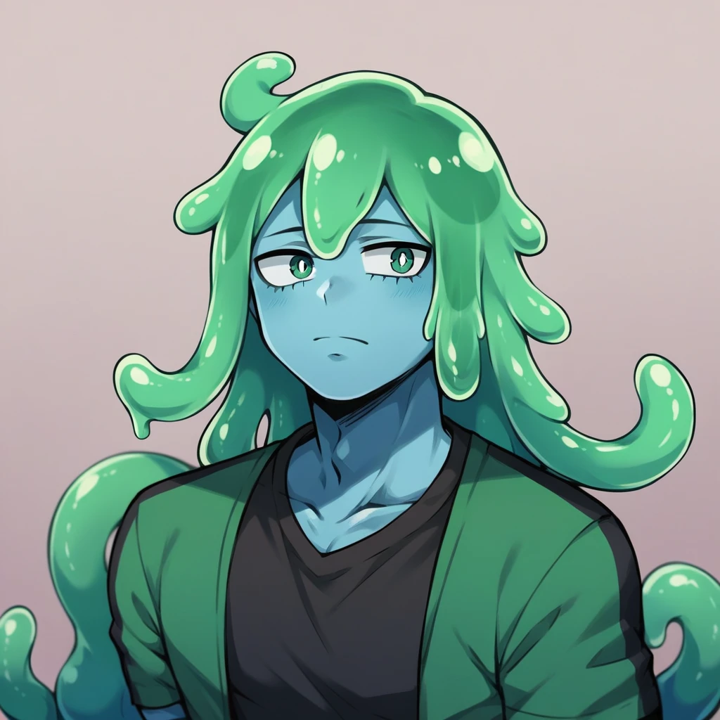score_9, score_8_up, score_7_up, score_6_up, score_5_up, score_4_up, source_anime, 1Boy, slime Boy, Blue skin, Punk style, Long hair with green tips, tentacles, slime tentacles, slime boy, solo, slimegirlsfw, slime boy, gothic fashion, emo fashion, slimeboy, my hero academia, tentacles, school, depth of field, LUT,  medium close shot, detailed, handsome, cute slime boy. My hero academia school, Tentacle tail. 