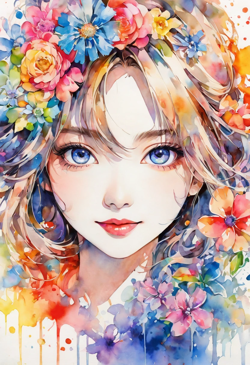 beautiful woman portrait, cute smile, Sylvia Pelissero watercolors, colorful flowers, beautiful eyes, upper body, abstract art, intense watercolor, watercolor detailed art, watercolor splash, surreal, avant-garde pop art, Beautiful and expressive paintings, Beautiful artwork illustration, very colorful tones, wonderful, cool beauty, highest quality, official art, women only, sharp outline, best shot, vector art, lips in love、 (((The strongest beautiful women of all time))), (((Japanese)))、clear, (((highest quality))), lips in love, HDR, ((Detailed details)), stylish fashion, detailed clothing texture, (((graffiti art))), colorful hair, ((masterpiece))、((Super detailed))