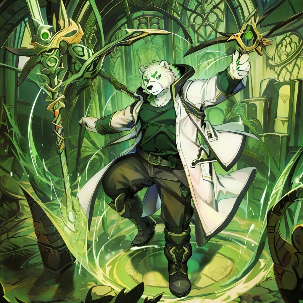 anthro, kemono, male, solo, (((anthro bear))), (((green bear))), (((green fur))), green hair, red eyes, beard, white eyebrows, mature, white background, mage staff, magic, ((((black t-shirt inside), (((white long coat unhooded))), gray trousers, military boots))), full body, splash art, (((action pose))), mage pose,