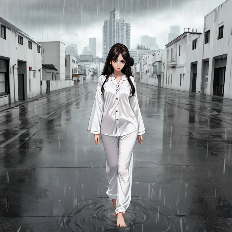 wide angle full body shot of a beautiful slim latina girl with long dark hair wearing white headphones and white pijamas on an empty city on a rainy cloudy day