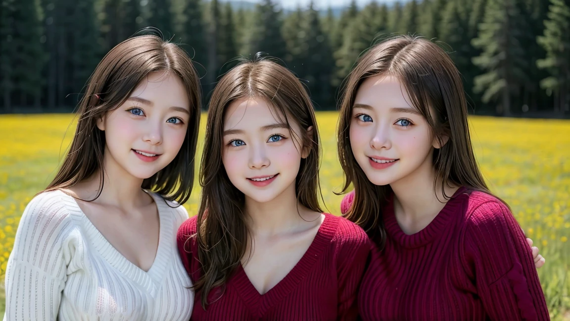 (3 girls), Young faceอินโดนีเซีย, 12 years,smile, white skin, Round breast, blue eyes,((Wear a red sweater with the shoulders showing off your chest.))Masterpiece, Highest quality, 8K, beautiful girl, Young face、 photography, Cute face, thigh,In the meadow, Embarrassing、รอยsmile、((((((อายุ 12 years))))))、small waist、 ((Busty breasts))