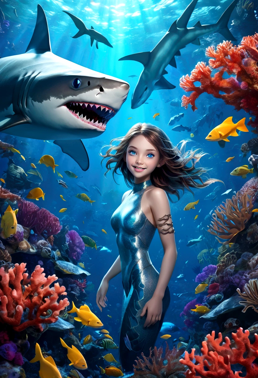 a beautiful girl with shark-like features, glowing blue eyes, sharp teeth, Fangs,scaly skin, floating in an underwater fantasy scene with kelp, coral, and schools of tropical fish, detailed realistic 3d render, cinematic lighting, vivid colors, concept art style