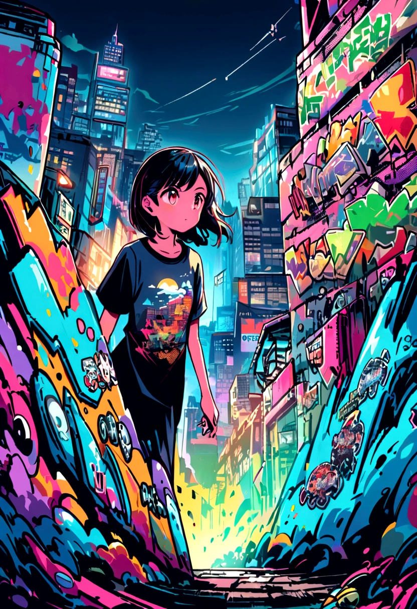 HD landscape vector t-shirt design, detail-rich, Energetic, Cityscape print, Graffiti elements, Unique design, New Taiwan dollar elements.