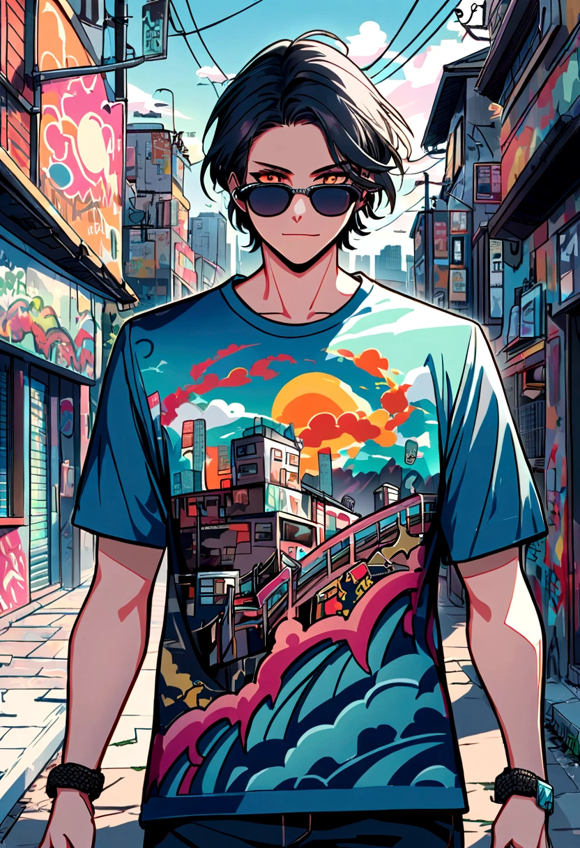 HD landscape vector t-shirt design, detail-rich, Energetic, Cityscape print, Graffiti elements, Unique design, New Taiwan dollar elements.