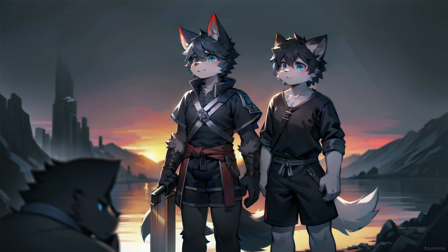 White Wolf,black hair,Sky blue eyes,hairy,Wolf ears,Wolf tail,Full body portrait,The character is in the center of the frame,Handsome,Confident eye***but,juvenile,Black and white combat uniform,Red neck bib,Black shorts,Short sleeve,hairy arms and legs,Dark background,Dark battlefield,dawn,sunrise,dawn,illumination,shadow,Swordsman,Scabbard and Hold the hilt of a in your hand,The scabbard is at the waist,Highest quality,A tall stature