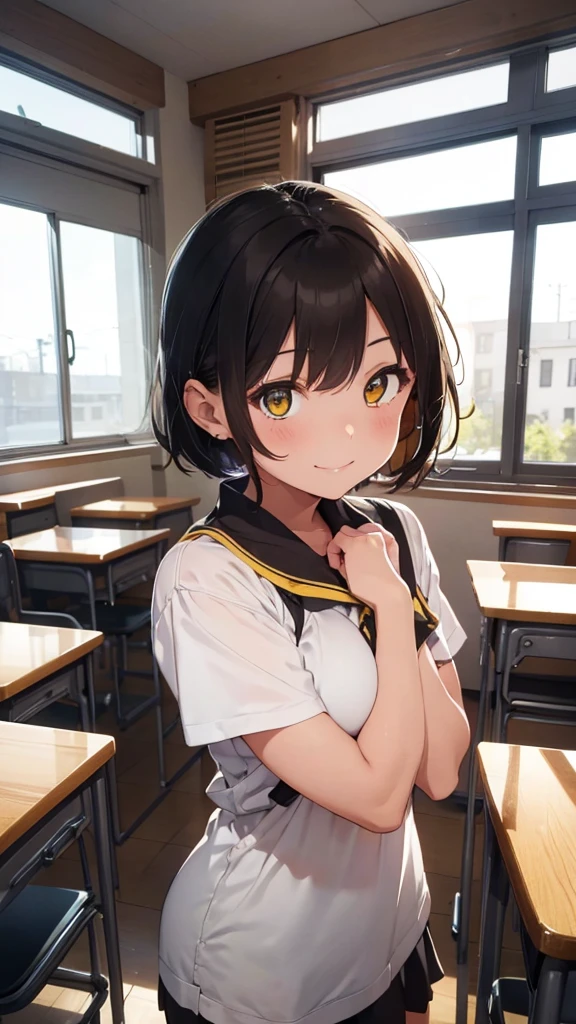 Girl, 20 year old, short hair, brown hair, yellow sapphire eyes, cute girl, hot girl, smile, high , classroom