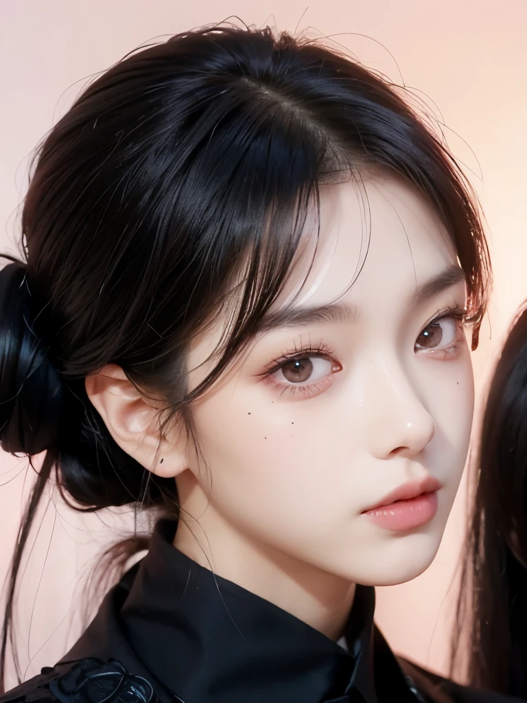 Kim Jennie with dark black hair, with curlers at the ends of dark black hair, with a star clip in her dark black hair, light colored eyes, pretty eyes, crying eyes, pretty, upturned nose, Pretty lips, pink lips, heart and cupid shaped lip, pretty skin, pale, White skin, with moles and freckles all over his face, soft pink blush on the cheeks, natural pink blush, dark and gothic makeup, Gothic Jennie, while she is with a cute boy by her side, with a cute asian boy standing next to her, while there is a man&#39;s torso, while the man&#39;His hand is on his jaw.., beautiful man&#39;s hands, with a gothic boy, nice collars, marked collar, frown, angry look, with a kiss necklace, a pretty kiss necklace, while her nipples are noticeable (big breasts, soft breasts, nice breasts, natural breasts), with a white dress, short and transparent dress, visible on the nipple, with a boy by his side, with her boyfriend, looking to the camera, autophoto