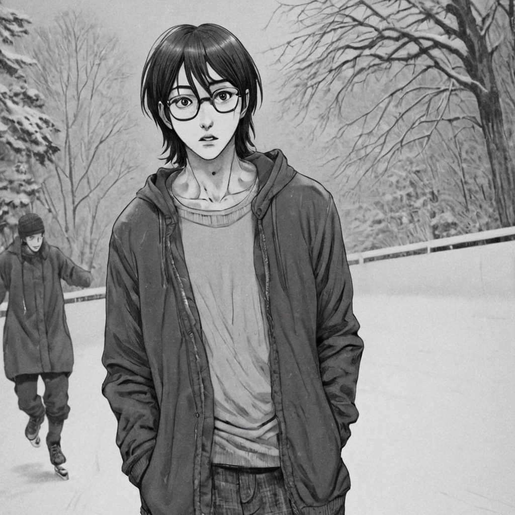 ice skating, (anime), bizarre scenario, This is Junji, Yusuke Murata, black and white, 8K, anime, horror