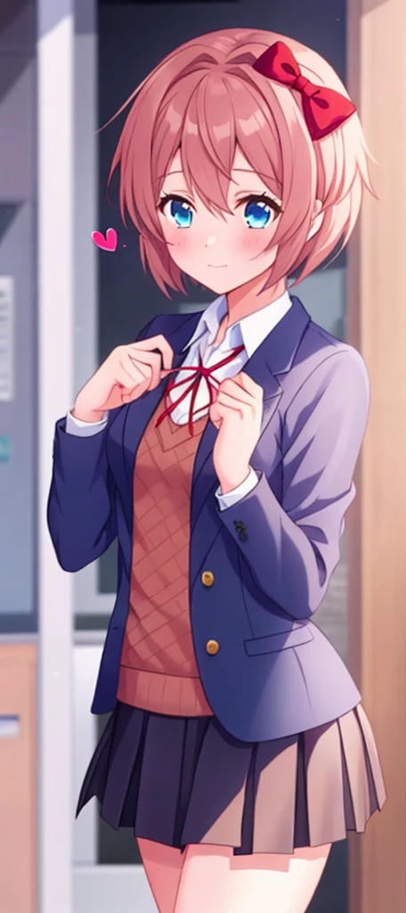 one girl, Sayori, DDLC, Doki Doki Literature Club, hair bow, short hair, school blazer, positive girl, light blue eyes, fascinating, my girlfriend, date with her, heart mark, ecstatic, shy, skirt